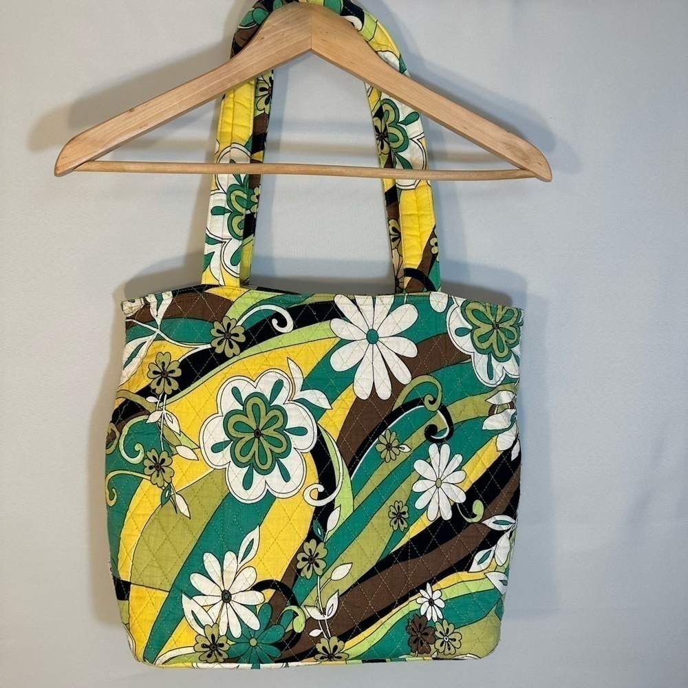 Belvah Quilted Floral Flower Cotton Large Tote Shoulder Bag Front Bow Accent - Picture 3 of 11